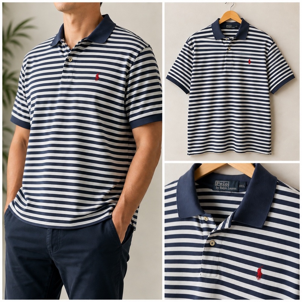 Polo Ralph Lauren Mens XXL Navy White Striped Pique Short Sleeve Polo Shirt Pony
